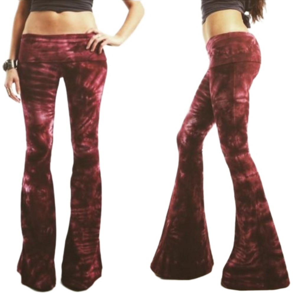 SHORT LENGTH Tie Dye Bell Bottoms - Adjustable Waistband Yoga Flare Pants Flares